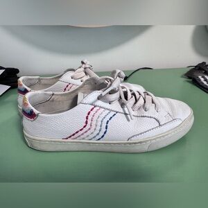 Soludos White Leather Sneakers with Rainbow Accents, size 7.5